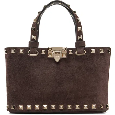 Valentino Garavani Brown Rockstud Suede Mini Shopping Tote In 0to Testa Di Moro