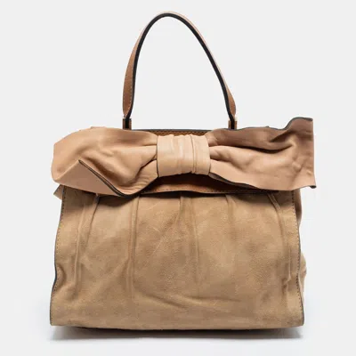 Valentino Garavani /brown Suede And Leather Aphrodite Bow Top Handle Bag In Beige