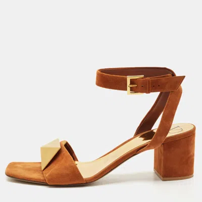 Pre-owned Valentino Garavani Brown Suede Roman Stud Ankle Strap Block Heel Sandals Size 40.5