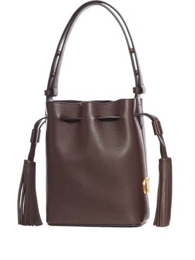 VALENTINO GARAVANI WOMEN BROWN V-LOGO TASSEL LEATHER BUCKET BAG, ONESIZE LUXURY BUCKET BAGS FOR WOMEN DARVEYS