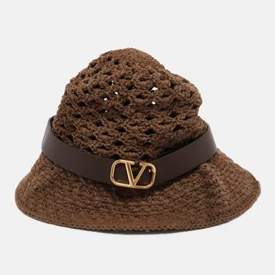 Pre-owned Valentino Garavani Brown Vlogo Leather Belted Crochet Fedora Hat M