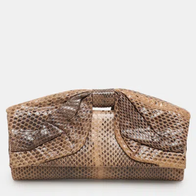 Pre-owned Valentino Garavani Brown/beige Python Bow Clutch