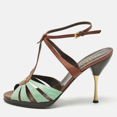 Pre-owned Valentino Garavani Brown/mint Green Leather And Python T Strap Sandals Size 41