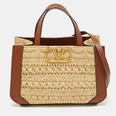Pre-owned Valentino Garavani Brown/natural Raffia And Leather Small Vlogo Signature Tote