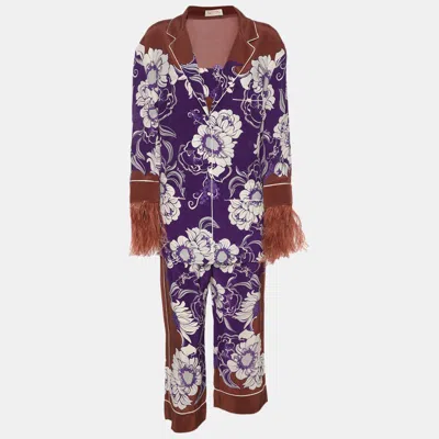 Pre-owned Valentino Brown/purple Crepe And Ostrich Feather Pyjama Shirt And Pants Set