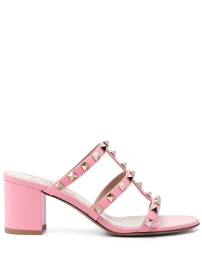 Valentino Garavani Bubblegum Pink Leather Sandals With Gold-tone Rockstud Embellishment For Women