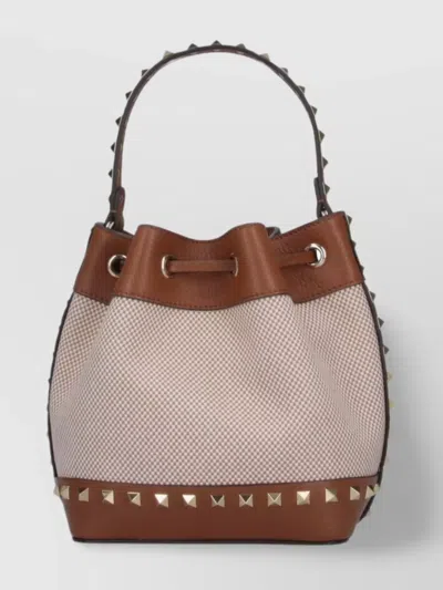Valentino Garavani Rockstud Spike Canvas And Leather Shoulder Bag In Brown