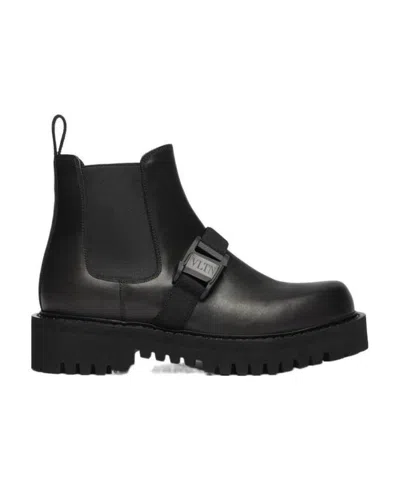 Valentino Garavani Buckle-strap Leather Chelsea Boots In Black