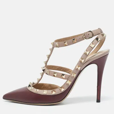 Pre-owned Valentino Garavani Burgundy /beige Leather Rockstud Caged Pumps Size 37