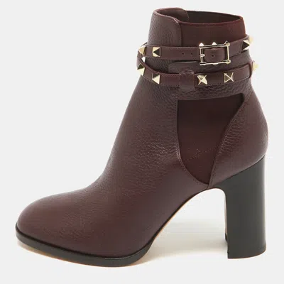 Pre-owned Valentino Garavani Burgundy Leather Rockstud Ankle Boots Size 37.5