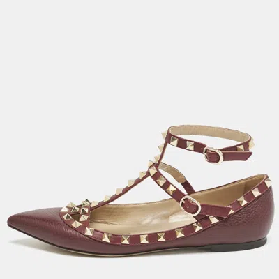 Pre-owned Valentino Garavani Burgundy Leather Rockstud Ballet Flats Size 38