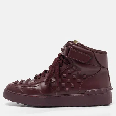 Pre-owned Valentino Garavani Burgundy Leather Rockstud High Top Trainers Size 38
