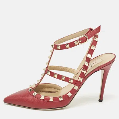 Pre-owned Valentino Garavani Burgundy Leather Rockstud Slingback Pumps Size 38.5