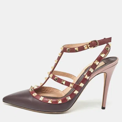 Pre-owned Valentino Garavani Burgundy Leather Rockstud Strappy Pointed Toe Pumps Size 41