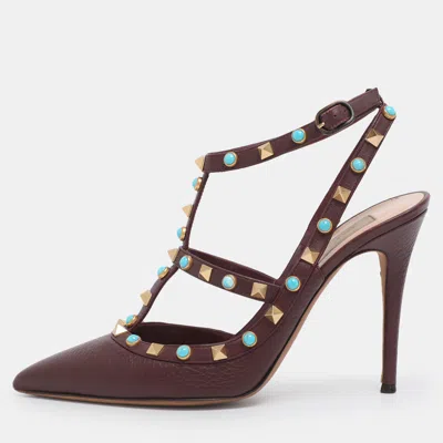 Pre-owned Valentino Garavani Burgundy Leather Rolling Rockstud Ankle Strap Sandals Size 39