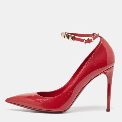 Pre-owned Valentino Garavani Burgundy Patent Leather Ankle Strap Pumps Size 39.5