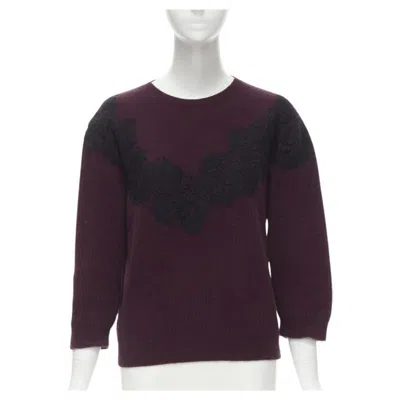 Pre-owned Valentino Burgundy Red Virgin Wool Cashmere Black Lace Applique Sweater Xl