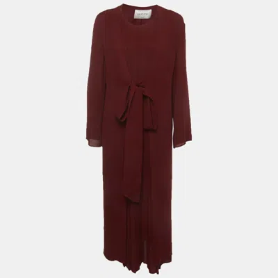Pre-owned Valentino Burgundy Silk Crepe De Chine Tie-front Midi Dress M