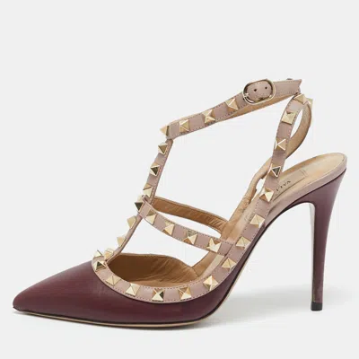 Pre-owned Valentino Garavani Burgundy/beige Leather Rockstud Ankle Strap Pumps Size 38