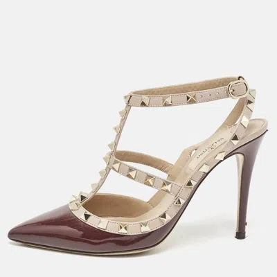 Pre-owned Valentino Garavani Burgundy/beige Patent Leather And Leather Rockstud Caged Ankle Strap Pumps Size 38