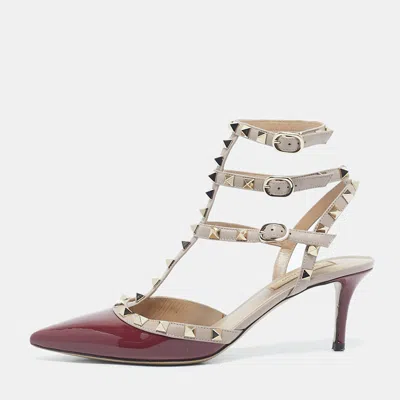 Pre-owned Valentino Garavani Burgundy/beige Patent Leather Rockstud Ankle Strap Pumps Size 38