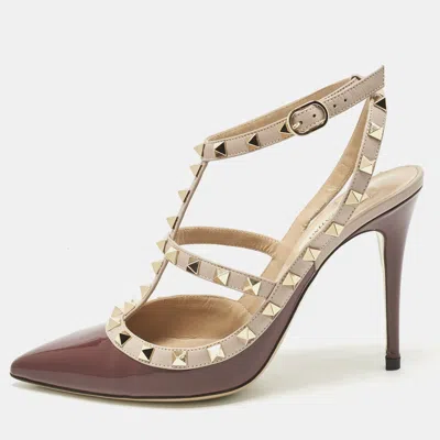 Pre-owned Valentino Garavani Burgundy/beige Patent Leather Rockstud Ankle Strap Pumps Size 39