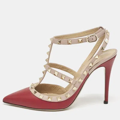 Pre-owned Valentino Garavani Burgundy/dusty Pink Leather Rockstud Caged Ankle Strap Pumps Size 39