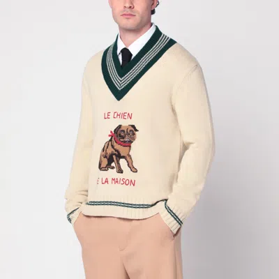 VALENTINO VALENTINO BUTTER-COLOURED SWEATER WITH LE CHIEN DE LA MAISON EMBROIDERY