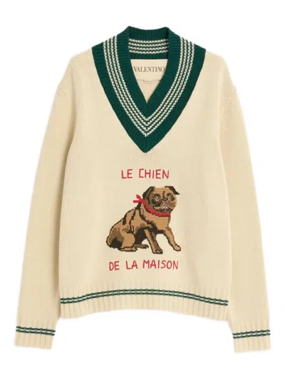 Valentino Butter-coloured Sweater With Le Chien De La Maison Embroidery In Neutral