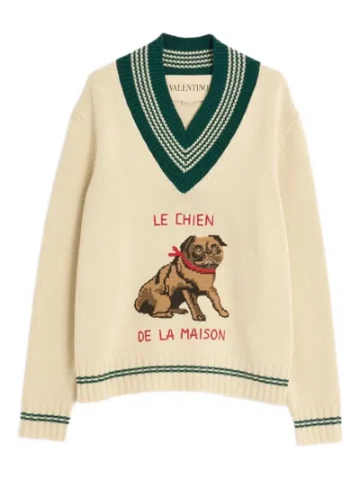 Valentino Butter-coloured Sweater With Le Chien De La Maison Embroidery In Animal Print