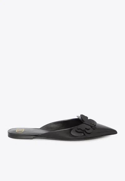 Valentino Garavani Butterfly Applique Leather Flat Mules In Black