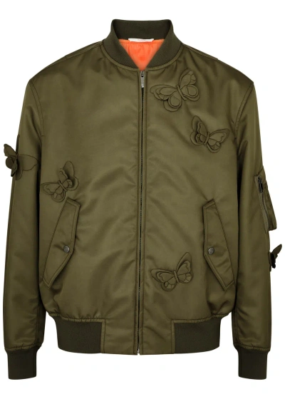 Valentino Butterfly-appliquéd Nylon Bomber Jacket In Olive
