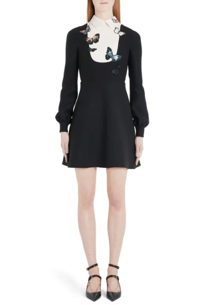 Valentino Butterfly Embroidered Long Sleeve Contrast Bib Minidress In 0na-black/ivory