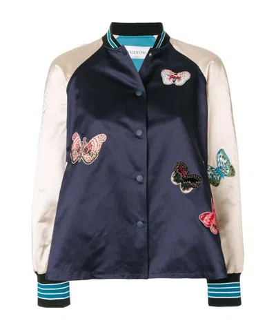 Valentino Butterfly Embroidered Pilot Jacket In Blue
