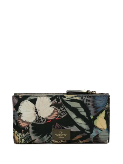 Pre-owned Valentino Garavani Butterfly-printed Zipped Long Wallet In Black