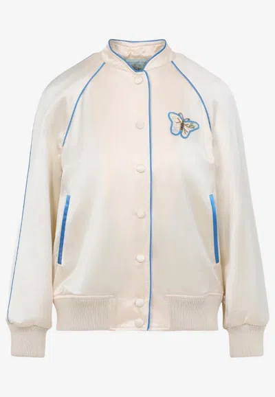 Valentino Butterfly Pearl Detail Stand Collar Jacket In Neutral