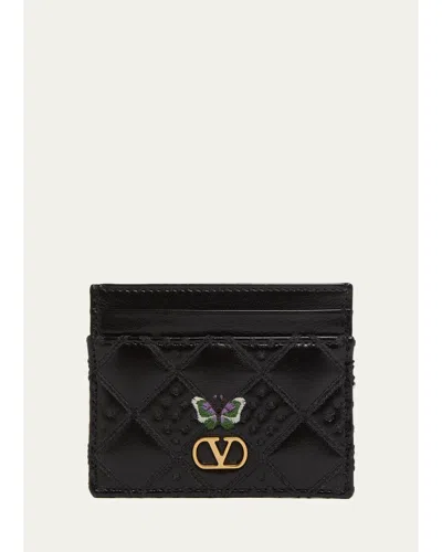 Valentino Garavani Butterfly-embroidered Quilted Leather Card Holder In Nero