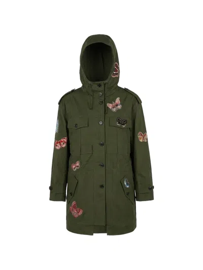 Valentino Butterfly-patch Hooded Coat In Green