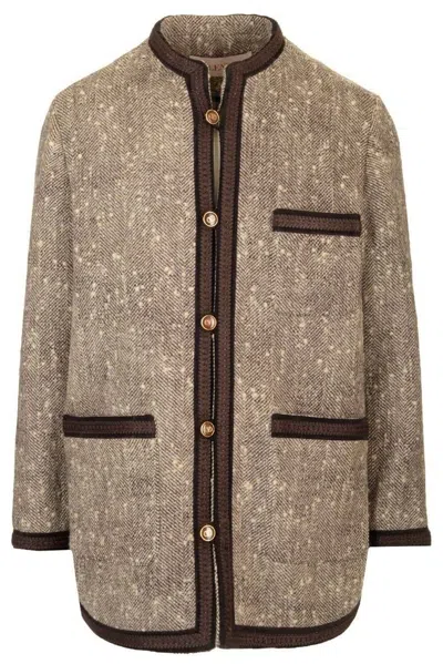 Valentino Crewneck Jacket Contrast Trim In Brown