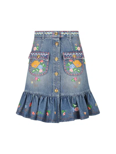 Valentino Floral-embroidered Midi Skirt In Blue