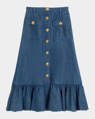 VALENTINO BUTTON-FRONT RUFFLE DENIM MIDI SKIRT