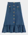 Valentino Button-front Ruffle Denim Midi Skirt In Blue