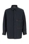 Valentino Denim Overshirt With Hidden Buttoning And Leather Logo Patch In Denim Scuro