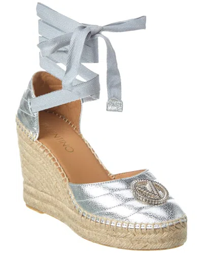 Valentino By Mario Valentino Roberta Leather Wedge Sandal In Silver