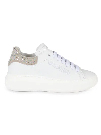 Valentino By Mario Valentino Women's Embellished Trim Leather Sneakers In White Taupe