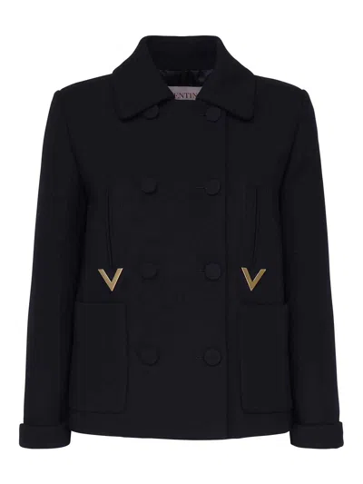 Valentino Caban Coat With V Details In Azul