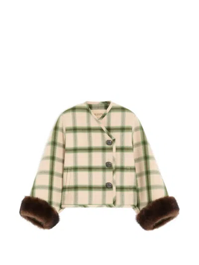 Valentino Peacoat In Green Macro Check With Shearling In White