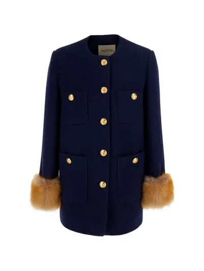 Valentino Caban In Plain Wool Tweed In Blue