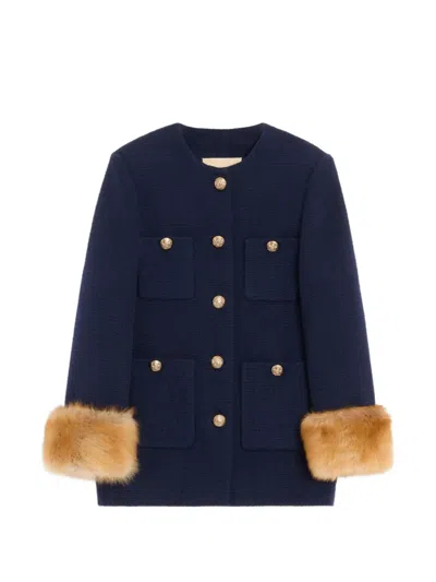 Valentino Caban In Plain Wool Tweed In Blue