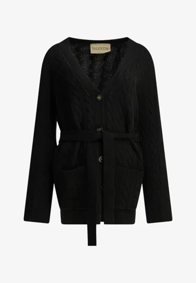 Valentino Cable Knit Belted Cardigan In Black